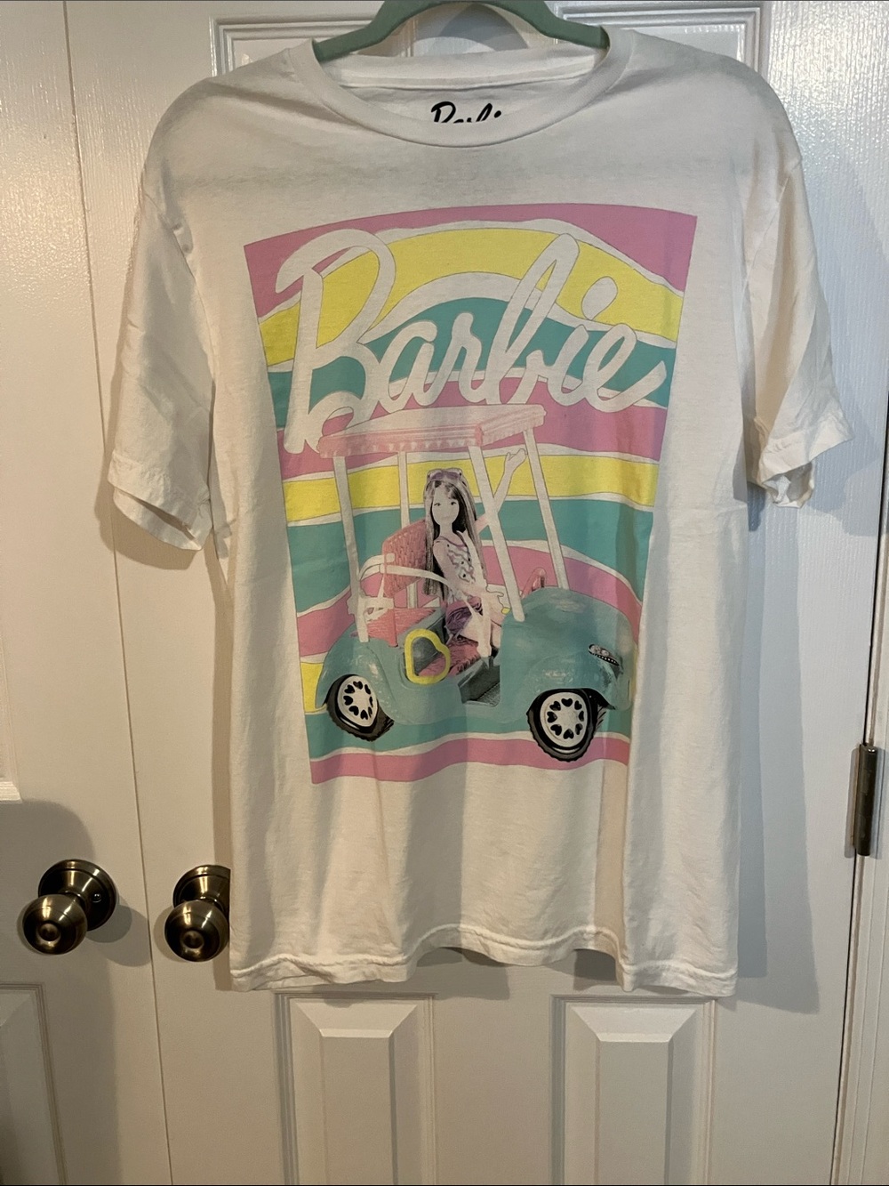 Barbie White Tee with Pastel Pink, Yellow, Mint and Teal Graphic
